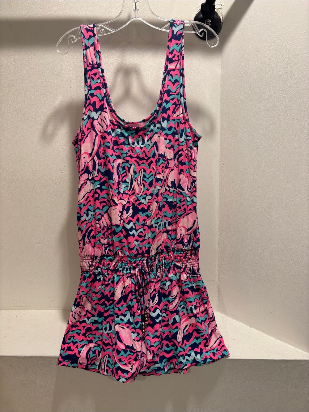 Lilly Pulitzer Navy Romper with Pink and Teal Print